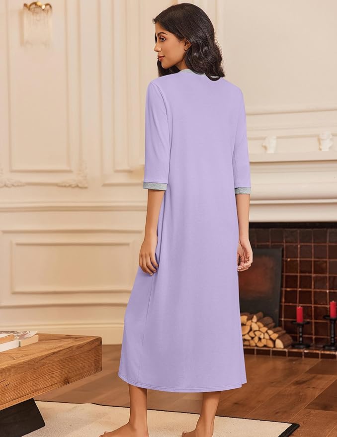 Ekouaer Women's Zipper Robe 3/4 Sleeves Housecoat Full Length Nightgown Soft Loungewear Robe with Pockets S-3XL