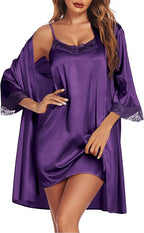 Ekouaer Sleepwear Women's Satin Nightgown with Robes Set 2 Piece Sexy Lace Cami Nightwear
