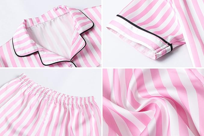 Umeyda Women & Girls Pajamas Set, Soft Satin Lightweight Silk Button-Down Top with Shorts 2 Piece PJS for Mom Boys Kids Gifts