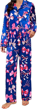 WDIRARA Women's 2 Piece Bowknot Print Satin Pajama Set Long Sleeve Button Down Lounge Pants Sleepwear Sets