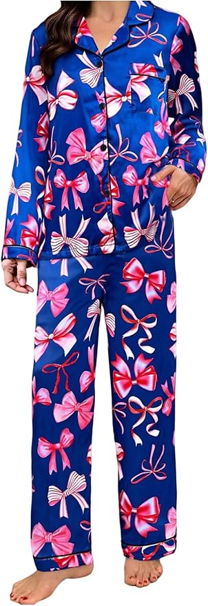 WDIRARA Women's 2 Piece Bowknot Print Satin Pajama Set Long Sleeve Button Down Lounge Pants Sleepwear Sets