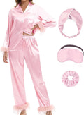 MORFORU Satin Pajama Set for Women Feather Trim Long Sleeve Pjs with Sleep Mask Headband Scrunchie Sleepwear Lounge Set