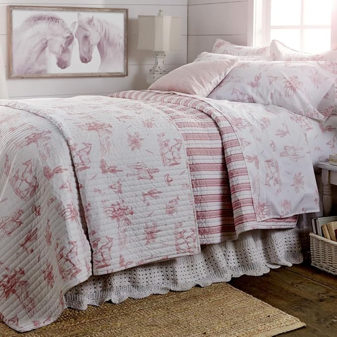 Rod's True Western Dusty Rose Cowgirl Twin Quilt, Vintage Western Toile Bedding, Pink and White, Reversible Cotton Quilt, 68x86 Inch