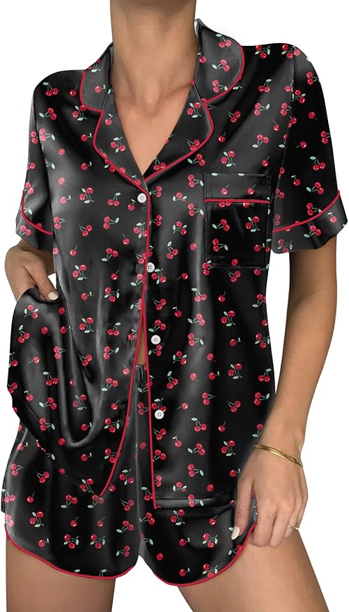 Ekouaer Womens Silk Satin Pajama Sets 2 Piece Button Down Silk Pjs Shorts Sets Cute Print Short Sleeve Sleepwear S-4XL