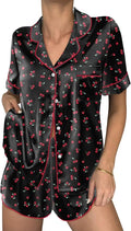 Ekouaer Womens Silk Satin Pajama Sets 2 Piece Button Down Silk Pjs Shorts Sets Cute Print Short Sleeve Sleepwear S-4XL