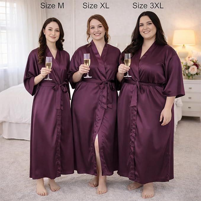 Silk Robes for Women Ankle Length Satin Kimono Robes with Belt Bridemaids Sleepwear Bachelorette Nightgown