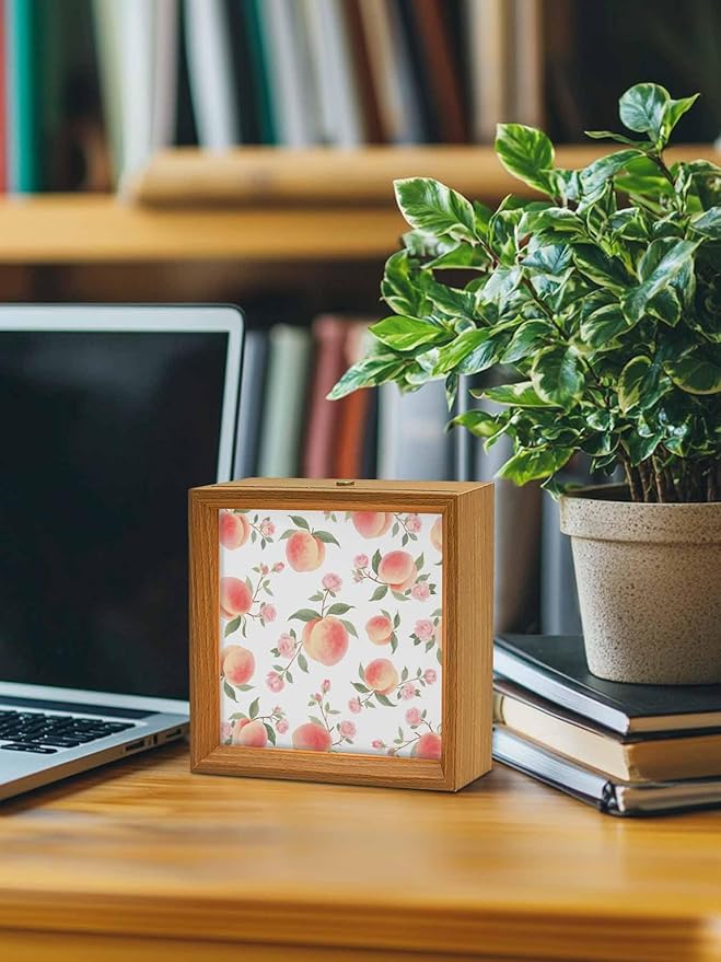 Wood Night Light Box 6.5x6.5in,Summer Fruit Pink Honey Peach Table Lights Wooden Picture Frame with USB Rechargeable Touch LED Lights for Home Decor Desktop Display,Watercolor Plants