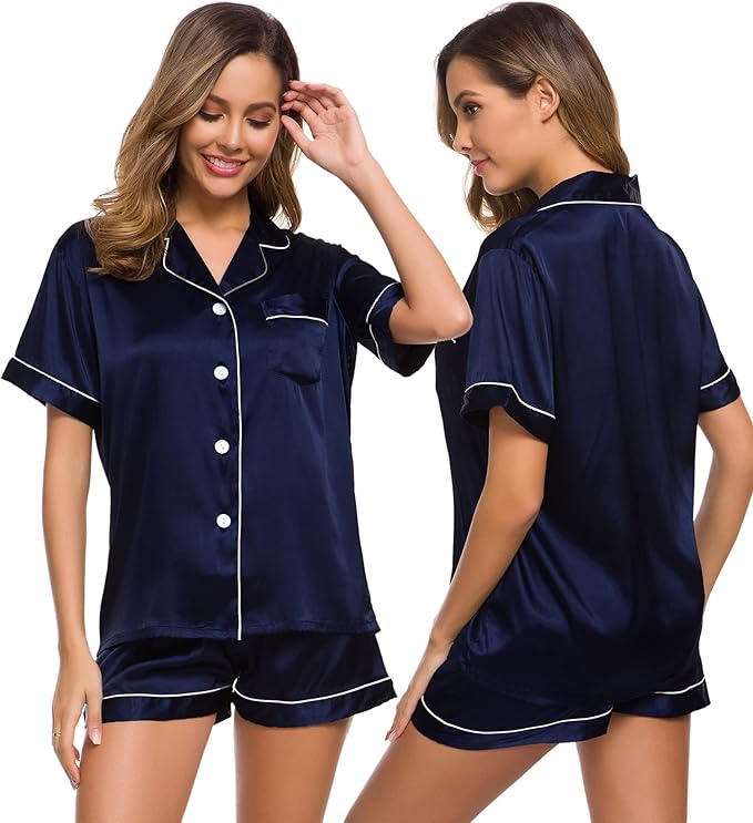 SWOMOG Womens Silk Satin Pajamas Set Short Sleeve Sleepwear Button Down Top and Shorts Loungewear 2 Piece Pjs Set XS-3XL