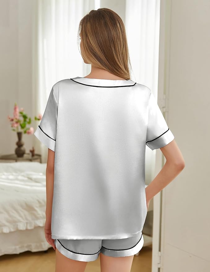 Silk Pajamas for Women Short Sleeve Satin 2 Piece Pj Set Soft V Neck Sleepwear Loungewear, S-XXL