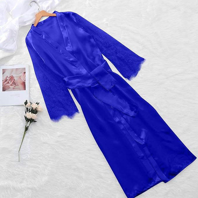 Mzkdieey Women's Floral Lace Robe Silk Kimono Bathrobe Long Bridesmaids Wedding Party Loungewear Sleepwear Dressing Gown