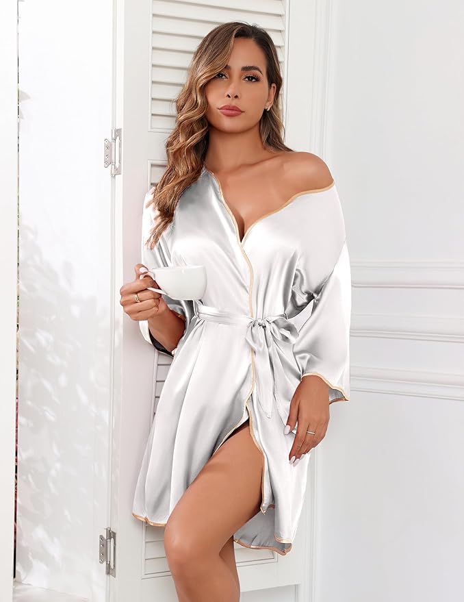 Ekouaer Women Silk Robes Short Satin Bathrobe 3/4 Sleeve Kimono Bride Robe Valentines Silky Sleepwear with Pockets S-XXL