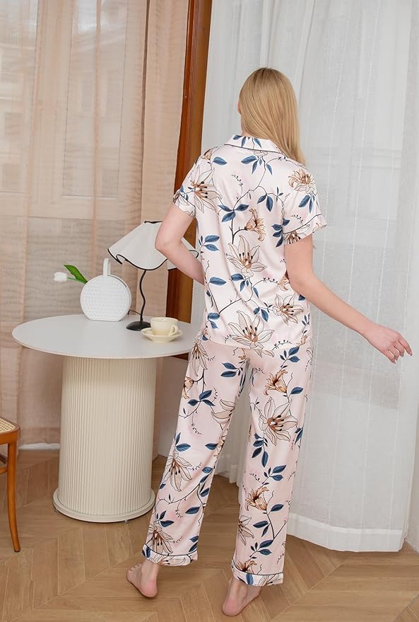 WJing Yi Jia Womens Pajamas Set XS-4XL Floral Silk Satin Pajama Sets Silky Pj Sets 2Pcs Loungewear Sleepwear Button Down Pjs