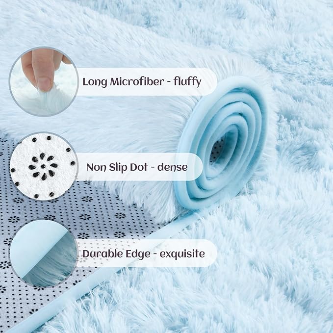 YJ.GWL Area Rugs for Living Room Bedroom, 4x6 Machine Washable Large Light Blue Carpet, Soft Fluffy Shaggy Thick Big Shag Indoor Floor Rug for Kids Boy and Girls Room Dorm Home Decor Aesthetic