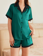 Ekouaer Womens Silk Satin Pajama Set Short Sleeve PJs 2 Piece Button Down Top and Shorts Notch Collar Sleepwear Sets Soft Pjs