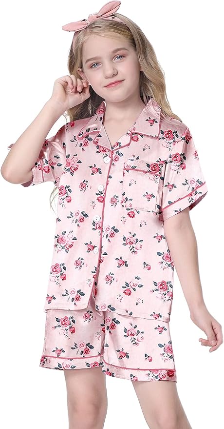 Girls & Womens Satin Pajamas Set, Silk Button-Down Sleepwear 2 Piece Nightwear, 3 Years - Women XXL