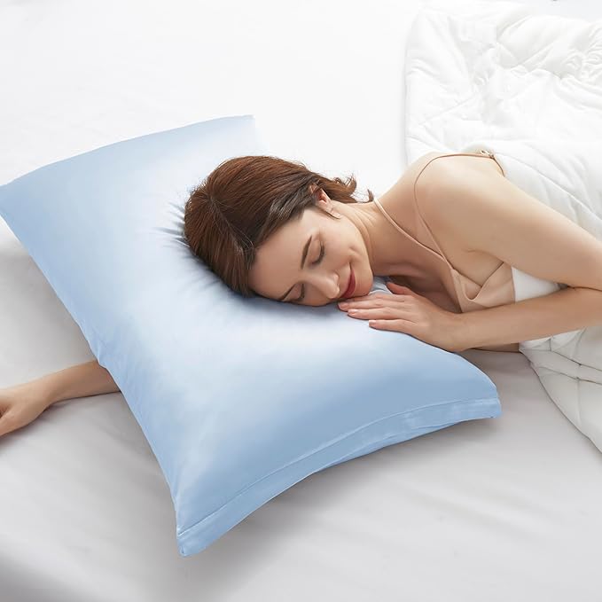 Light Blue Satin Pillowcases with Zipper （20x36）,King Size Pillowcases Set of 2,Light Blue Silk Pillowcase for Hair and Skin
