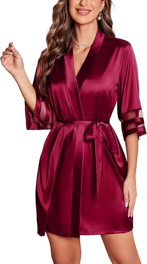 Ekouaer Women's Satin Robe Silk Kimono Bathrobe Bridesmaid Wedding Bridal Party Robes 3/4 Bell Sleeve Sleepwear S-XXL