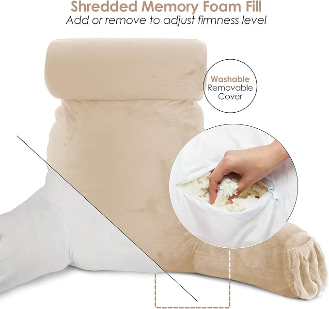 Clara Clark Reading Pillow with Shredded Memory Foam Includes 2 Neck and Lumber Support Pillows, Designed for Sitting Up in Bed and Couch, Back and Arms Adjustable Support for Adults Beige Cream