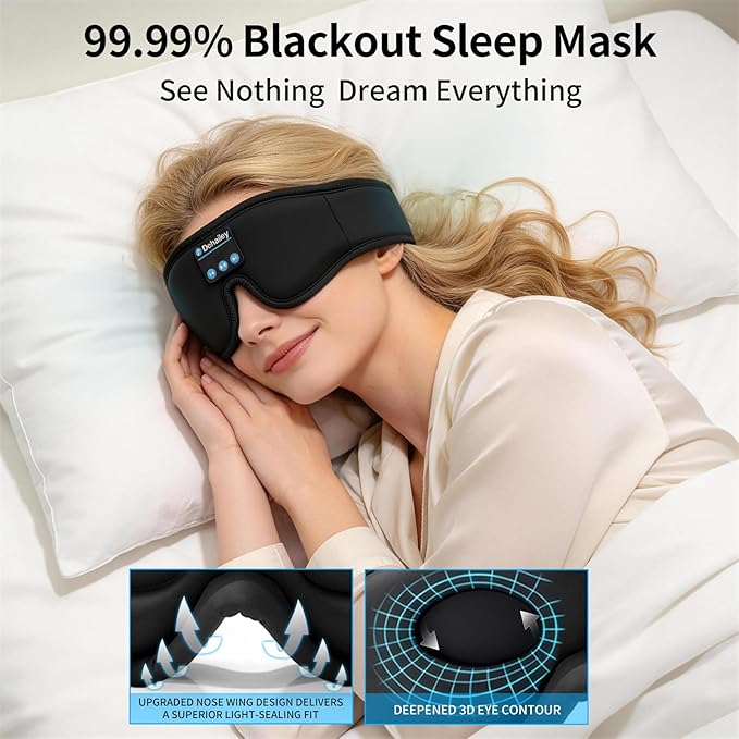 Sleep Mask with Bluetooth Headphones, 100% Light Blocking Sleep Headphones for Side Sleepers Men Women, Eye Mask with Thin Stereo Speakers, Soft Eye Cover for Travel Gift