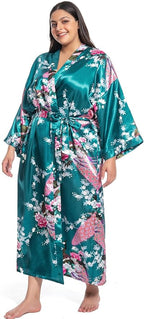Women's Floral Long Satin Robes Plus Size Long Silk Robes Peacock Floral Kimonos Sleepwear Dressing Gown