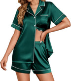 Ekouaer Womens Satin Silk Pajamas Set Short Sleeve Sleepwear Button Down Top and Shorts Loungewear 2 Piece Pjs Set S-XXL