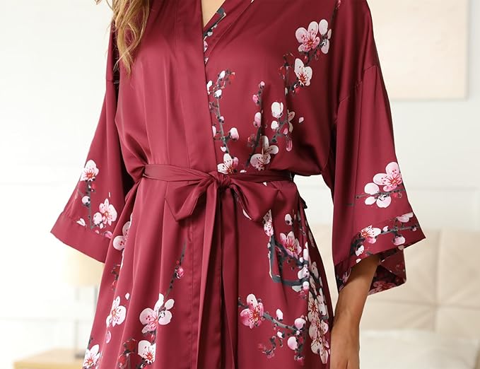 Kihnop Women's Floral Long Kimono Robe Long Satin Robe Long Silk Robe Ladies Kimonos Silky Bathrobe Cover Up, One Size