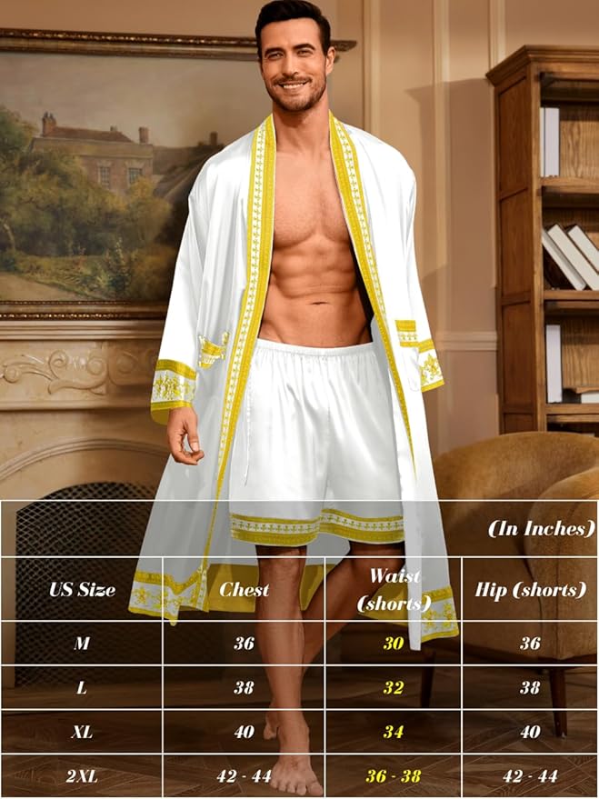 ChiaoLezhee Men's Luxury Silky Robe & Shorts Set, 2PC Lightweight Satin Pajamas with Pockets, Opulent Baroque Kimono Gifts