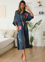 Kihnop Women's Floral Long Kimono Robe Long Satin Robe Long Silk Robe Ladies Kimonos Silky Bathrobe Cover Up, One Size