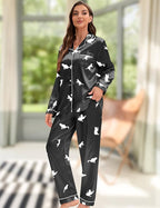 EPLAZA Silk Pajamas for Women Satin Pajamas Set 5 Pcs Long Sleeve Print Pattern Button Down Pjs Sleepwear Loungewear Set