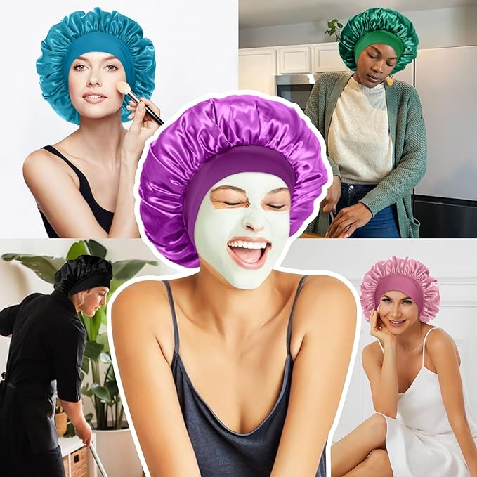 6Pcs Satin Bonnet Silk Bonnet, Hair Bonnet for Sleeping, Elastic Wide Band Silk Sleep Cap, Soft and Breathable