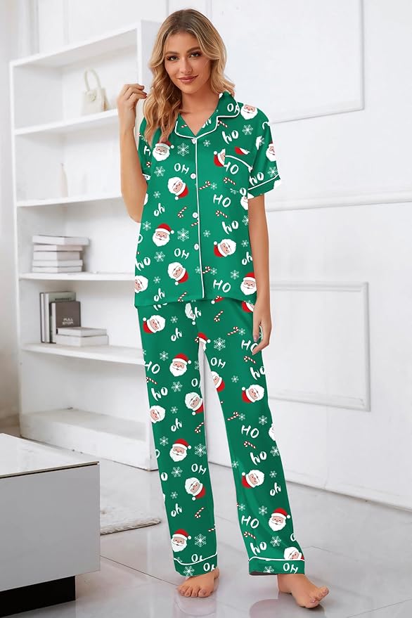 Umeyda Girls Womens Pajamas Set, Satin Silky Button Down Loungewear 2 Piece Short Sleeve Pants PJS Sets for Mommy Kids