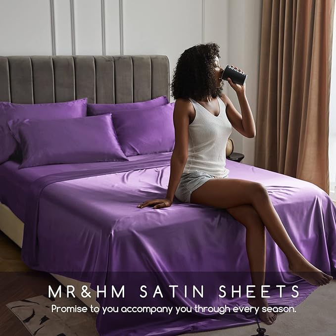 MR&HM Satin Bed Sheets, Queen Size Sheets Set, 4 Pcs Silky Bedding Set with 15 Inches Deep Pocket for Mattress (Queen, Lavender)