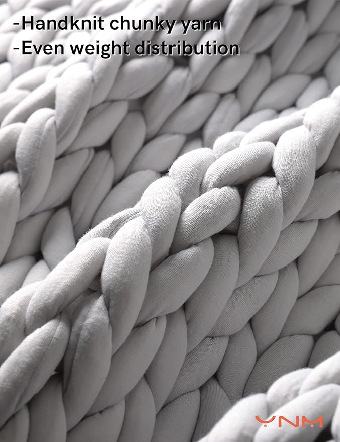 YnM Knitted Weighted Blanket, Hand Made Chunky Knit Weighted Throw Blanket for Sleep, Stress or Home Décor (French Silver, 60''x80'' 20lbs), Suit for One Person(~190lb) Use on Queen/King Bed