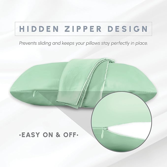 Elegant Comfort 4-Pack Cooling Viscose Satin Pillowcase Set with Hidden Zipper Closure, Silky Smooth for Best Hair and Skin Care-Beautiful Gift Box-4-Piece Satin Pillowcase Set, King, Mint Green