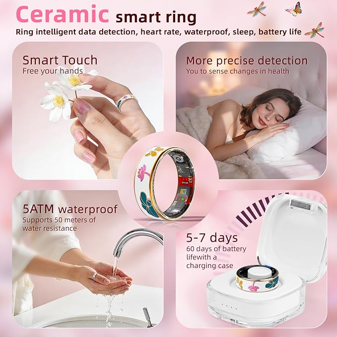 Smart Ring Health Tracker, Men & Women, Featuring a Heart Rate Monitor, Sleep Tracker, 8 Exercise Modes, Step Counter, IP68 Waterproof(White, 7)
