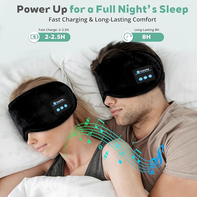 Sleep Mask Bluetooth Wireless Headphones, Sleep Earphones Music Eyemask, 2 in 1 Ear Mask and Eye Mask for Side Sleepers, Warm Earbuds Built-in HD Speakers Blindfold for Men Women (Black)