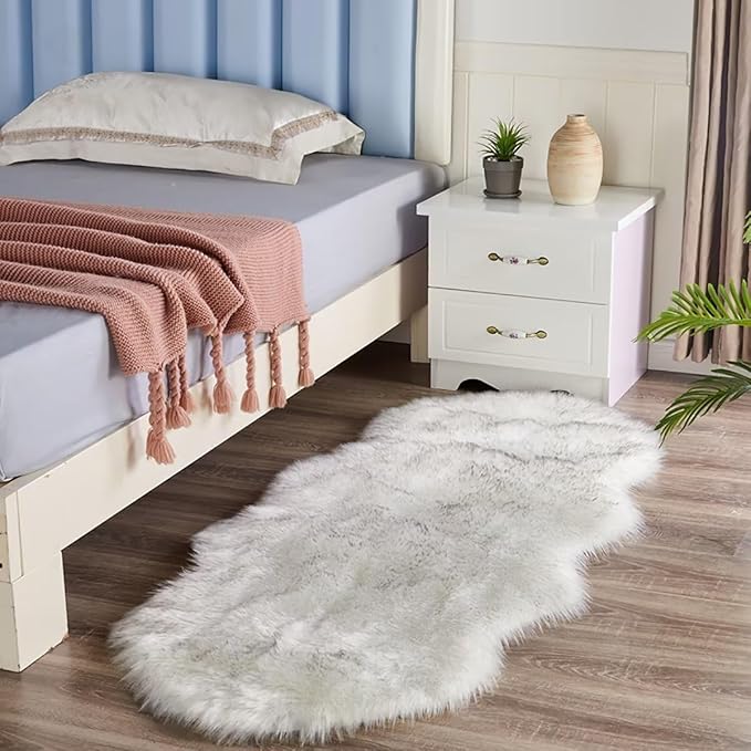Furry Faux Sheepskin Fuzzy Shag Plush Faux Fur Throw Rug for Bedroom Dorm Office, Sheepskin 2x4 White Grey