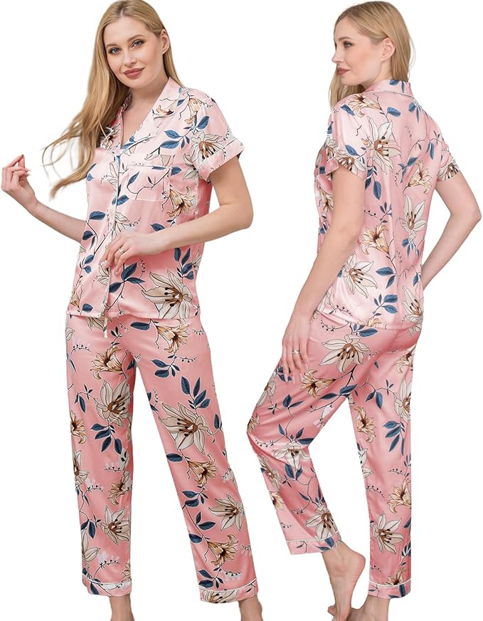WJing Yi Jia Womens Pajamas Set XS-4XL Floral Silk Satin Pajama Sets Silky Pj Sets 2Pcs Loungewear Sleepwear Button Down Pjs