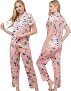 WJing Yi Jia Womens Pajamas Set XS-4XL Floral Silk Satin Pajama Sets Silky Pj Sets 2Pcs Loungewear Sleepwear Button Down Pjs