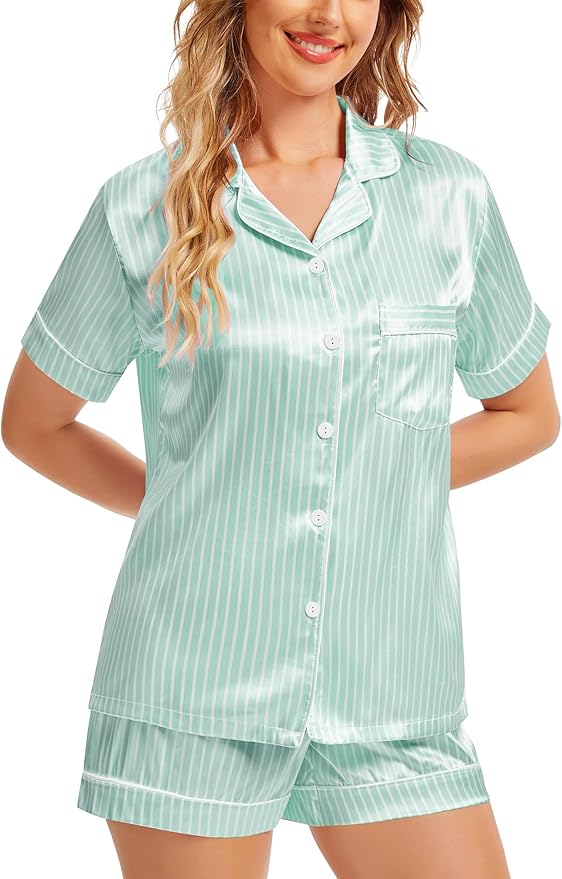SWOMOG Womens Silk Satin Pajamas Set Short Sleeve Sleepwear Button Down Top and Shorts Loungewear 2 Piece Pjs Set XS-3XL