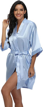 Women's Satin Kimono Robe Wedding Getting Ready Silky Bathrobe Short Bridesmaid Dressing Gown