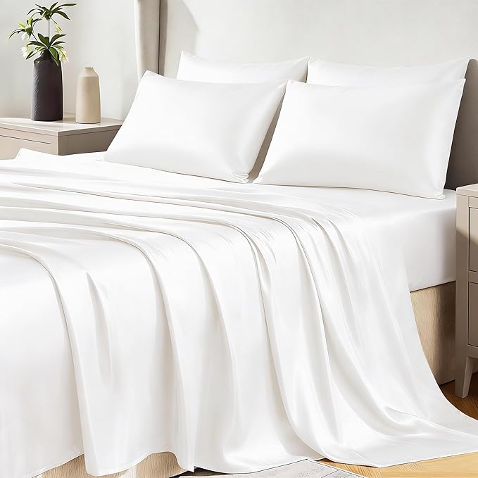 CozyLux Satin Sheets King Size Sheet Set - 6 Piece Silky King Sheets, Luxury White King Bed Set with Smooth and Soft Microfiber, Includes 1 Fitted Sheet, 1 Flat Sheet and 4 Pillowcases