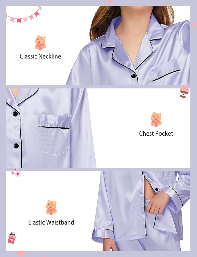EPLAZA Kids Satin Pajamas Sets Girls Boys Button-Down Silky Pajamas Sleepwear with Hairband Eye Mask Hair Tie