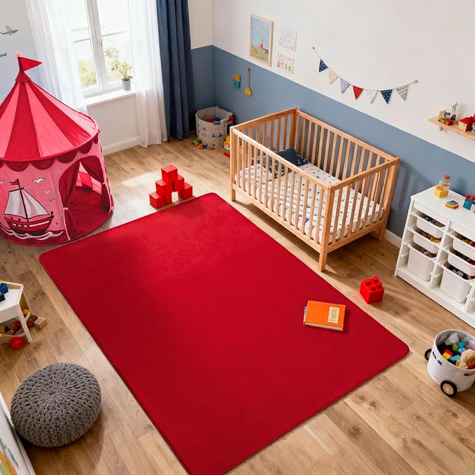 Andecor Shag Living Room Area Rug, 6x9 Red Washable Fuzzy Bedroom Rugs, Soft Fluffy Indoor Carpets for Dorm Boys Girls Kids Room Nursery Home Decorations