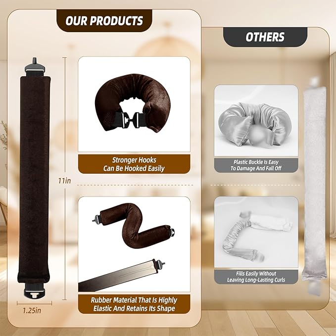 Heatless Curls Overnight Rods Jumbo Set, Heatless Hair Curler Velvet Satin Jumbo Flexi Rods to Sleep in, No Heat Overnight Sleeping Blowout Curls Wave Styling Tools with Silk Scarf 4pcs Brown
