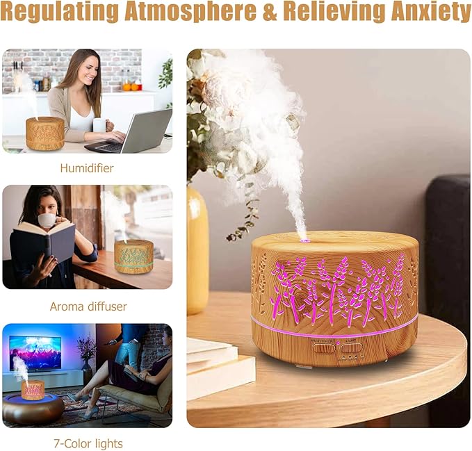 Diffusers for Essential Oils Large Room 600ml,Essential Oil Diffusers for Home with R/C,Cool Mist Humidifier,7 Colors Lights & 3 Mist Mode Waterless Auto Off for Office