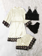 WDIRARA Women' Silk Satin Pajamas Set 4pcs Lingerie Floral Lace Cami Sleepwear with Robe