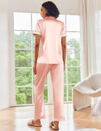 Ekouaer Silk Satin Pajamas Set Women Short Sleeve Sleepwear Soft Button Down Loungewear Pjs Set