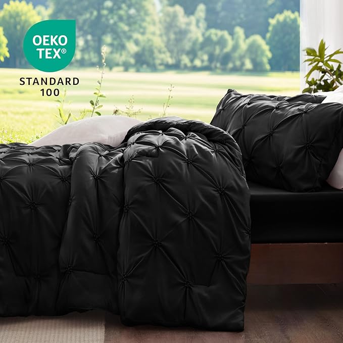 BEDELITE Black King Size Comforter Set - 3 Pieces Boho Pintuck Bedding Comforter Sets, Lightweight Soft & Warm King Bedding Set with 2 Pillowcases for All Season