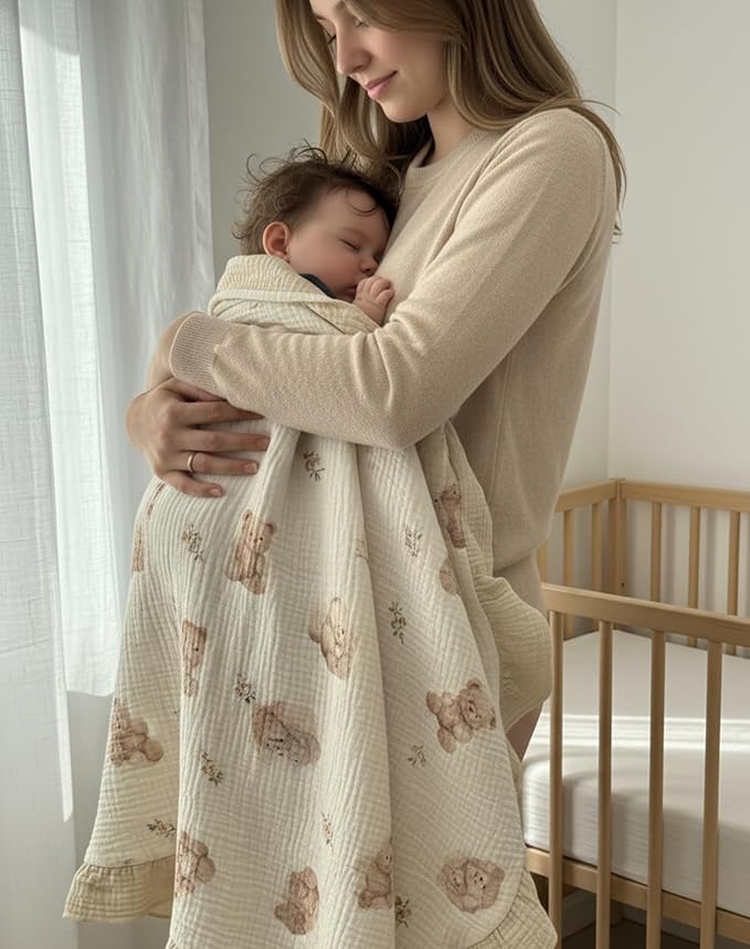 Muslin Ruffled Baby Blanket, Extra Large 52 x 52 Inches, Soft Breathable Cotton Crib Blanket for Newborn Infant Toddler (Pale Yellow-Ruffled, Printed)
